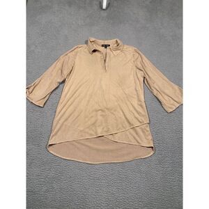 Boho Chic Textured‎ Grid Pattern Collared Beige Blouse Top Tie Sleeve Medium M